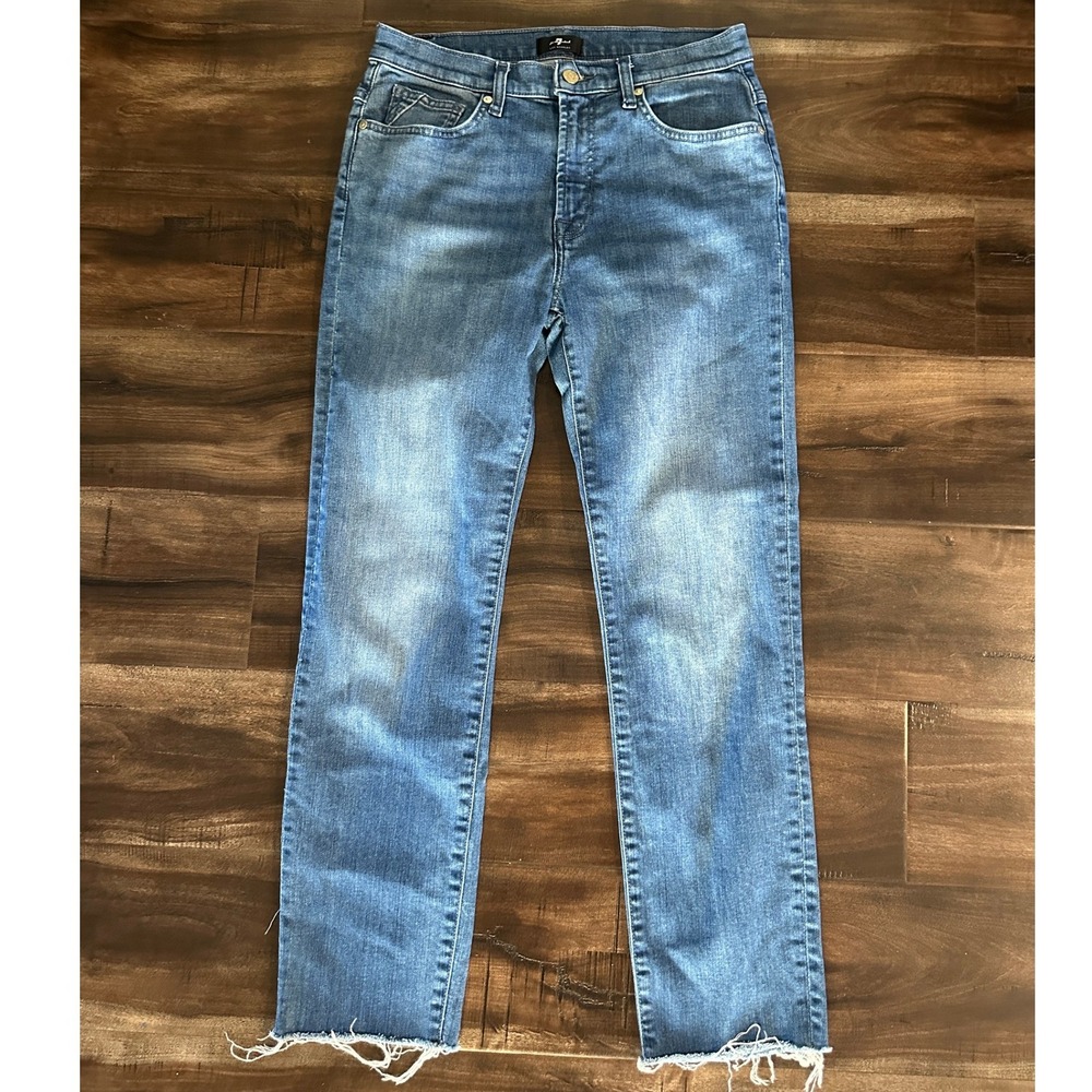 7 For All Mankind Peggi High Waist Straight Leg Raw Hem Jeans Blue Denim Size 29
